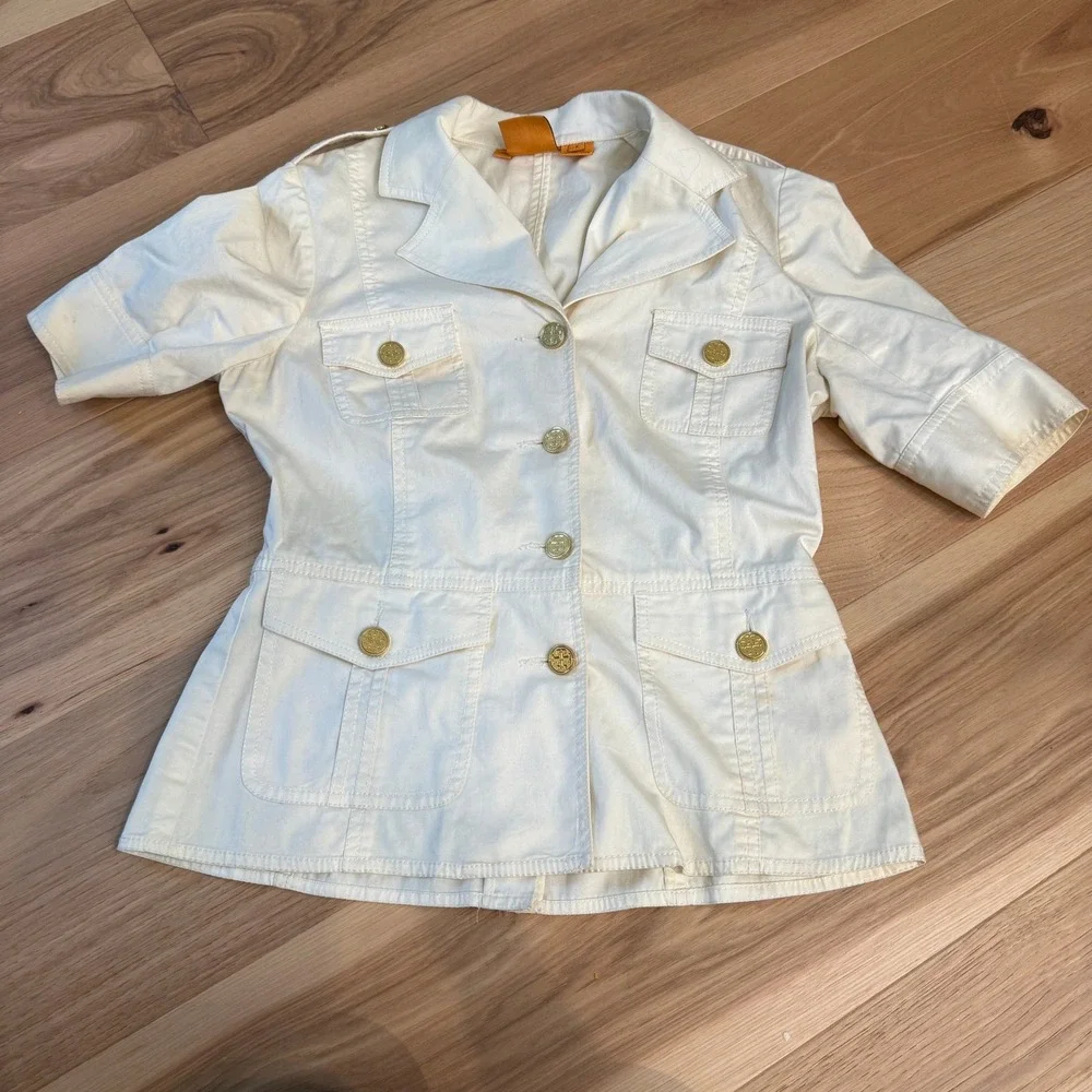 Tory Burch Safari Short Sleeve Jacket Women Size 6 White Gold Logo Button Cotton